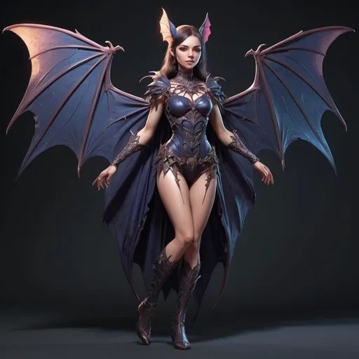 Prompt: (Female oc half bat half human hybrid), character design, daughter of Antasma, dynamic pose, captivating appearance, detailed wings, enchanting features, stylish attire, fantasy aesthetic, mystical atmosphere, magical powers, vivid colors, intricate details, 4K ultra-detailed, dramatic lighting, potential for storytelling elements, imaginative background setting, full body reference.