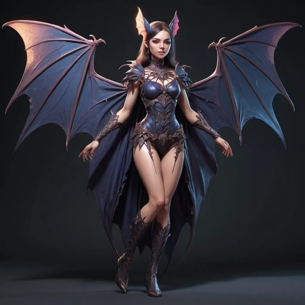 Prompt: (Female oc half bat half human hybrid), character design, daughter of Antasma, dynamic pose, captivating appearance, detailed wings, enchanting features, stylish attire, fantasy aesthetic, mystical atmosphere, magical powers, vivid colors, intricate details, 4K ultra-detailed, dramatic lighting, potential for storytelling elements, imaginative background setting, full body reference.