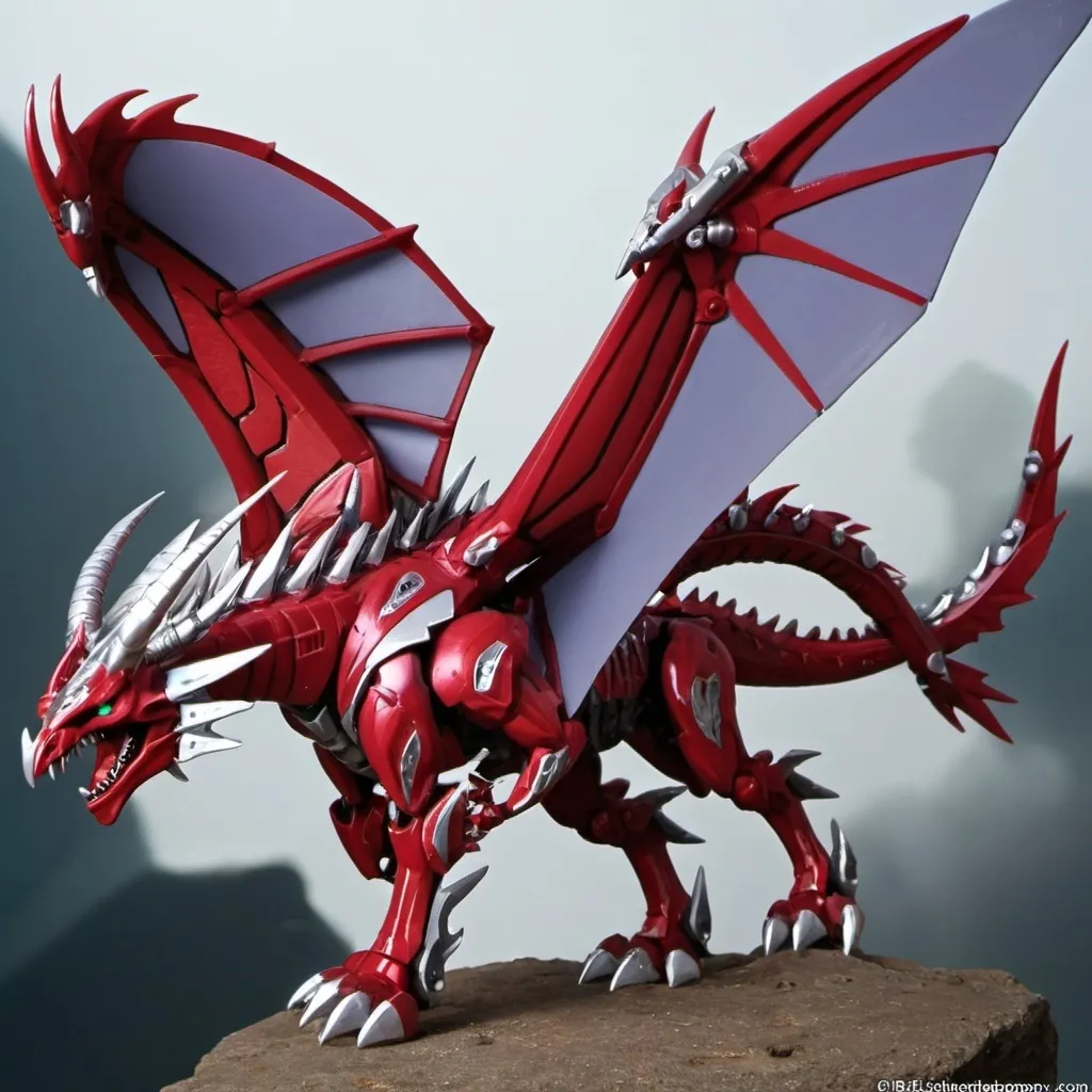 Prompt: Predacon, cybertronian dragon, crimson red with silver underbelly, female, huge, long horns, huge wings