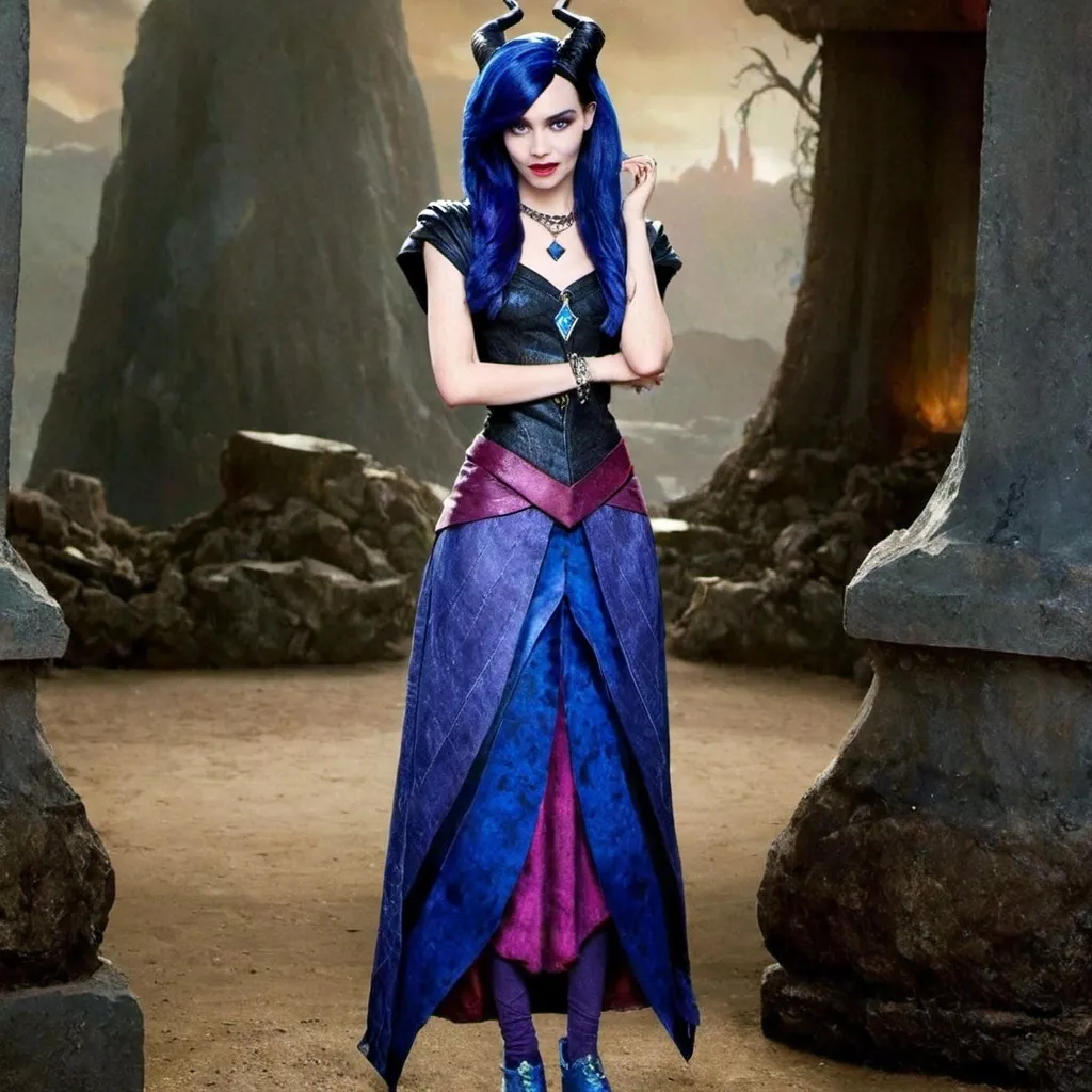 Prompt: Disney descendants, Maleficent and hades fusion, teenager female, blue and purple hair wearing a black diamond necklace 