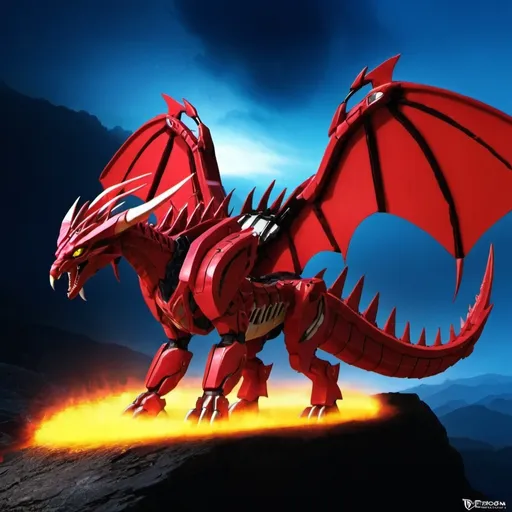 Prompt: Predacon, cybertronian dragon, crimson red, female, huge, long horns, huge wings