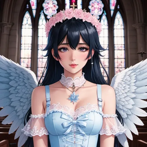 Prompt: anime, soft, drawing, angelcore, animecore
girl, Black hair fading into Blue, icy narrowed eyes, rosy tinted lips
choker, elegant Pink lace dress, white harness, small angelic wings, delicate flower crown
fallen church