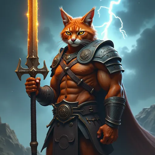 Prompt: A hyper-realistic, muscular humanoid cat warrior with striking, vibrant fur and piercing eyes. They wear rugged armor with ancient engravings and hold a glowing sword. The character stands confidently against a stormy sky, with lightning illuminating the background.