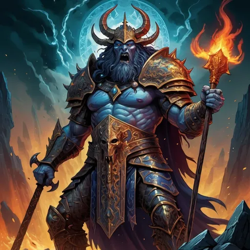 Prompt: (2D) tarot card design, (D&D style) illustration of a legendary creature, giant noble holding a massive warhammer, dominating the dark battlefield, vivid colors, dynamic and fierce atmosphere, overwhelming presence, intricate details on armor and weapon, dramatic shadows, mystical symbols in the background, intense expressions, ultra-detailed, evoking a sense of epic adventure.