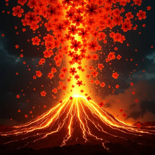 Prompt: Visualize an erupting volcano, but instead of spewing molten rock, it releases an explosive array of hibiscus flowers, with petals flying in all directions, illuminated by fiery embers.