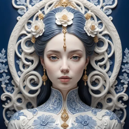 Prompt: (woman made out of porcelain), balanced symmetry, white and blue tones, hints of gold, detailed facial features, organic forms, meticulous portraiture, complex patterns, high-detailed, 4K, ultra-realistic, captivating and serene, ethereal atmosphere, intricately designed background, high contrast, crisp detailing, soft and elegant lighting, warm and inviting mood.