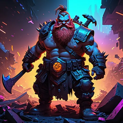 Prompt: Anime cyberpunk dwarf, (axe in hand), intense battlefield scene, (highly detailed design), vibrant neon colors, dark and moody atmosphere, dramatic lighting, cybernetic enhancements, foreboding shadows, futuristic armor, scattered debris, (HD quality), action-packed composition, captivating depth, digital rendering, immersive world.