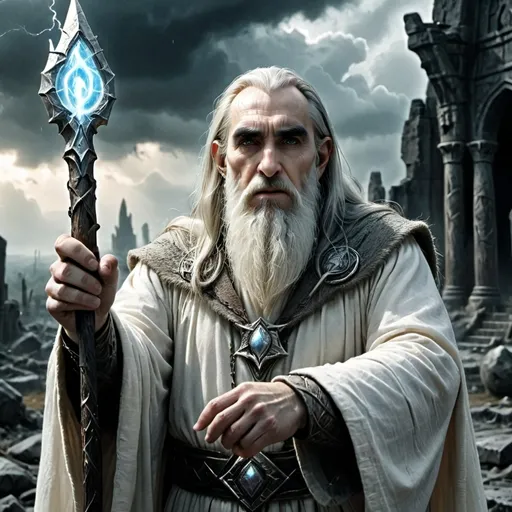 Prompt: (Saruman the White Hand), legendary wizard, powerful staff in hand, commanding a horde of orcs, mystical aura surrounding him, ancient ruins in the background, dark stormy skies, intense atmosphere of magic and might, (cinematic lighting), high contrast, ultra-detailed, 4K resolution, dynamic composition emphasizing power and command over dark forces.