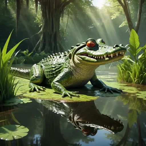 Prompt: Hybrid creature of a crocodile and frog, (integrated features of both), standing in a lush, vibrant swamp, (reflective water), surrounded by dense greenery, (dappled sunlight creating shimmering patterns on the surface), (highly detailed and textured), (fantastical and surreal), rich earthy tones and lively greens, (4K resolution).