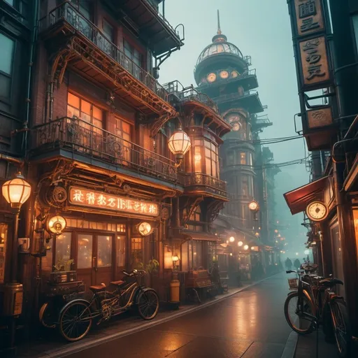 Prompt:  a city block in Osaka, Japan,with one house in a very steampunk style. 