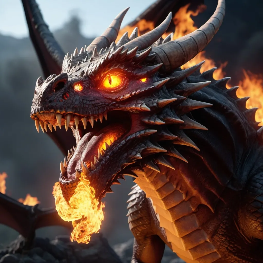 Prompt: a dragon with glowing eyes and a fire breathing mouth is shown in this image, it appears to be in flames, Cedric Peyravernay, sots art, unreal engine 5 quality render, concept art