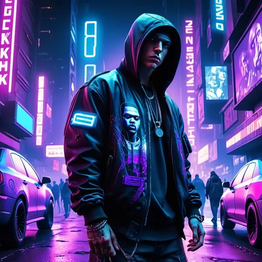 Prompt: Cyberpunk Eminem rapper, highly detailed, neon-lit city streets, vibrant colors, dramatic shadow play, futuristic technology elements, intense and moody atmosphere, cool tones with electric blues and purples, complex textures and patterns, gritty urban background with holographic advertisements, high-tech vehicles and pedestrians, dynamic pose and expression, ultra-detailed features, photorealistic, 4K resolution, cinematic depth and quality, vivid and striking details