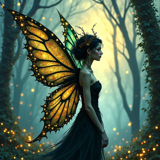 Prompt: A whimsical, dark fairy with intricate, capricious wings standing in an enchanted forest. The fairy is drawn in a loose, sketchy style inspired by Blake, with delicate details and vibrant, deep colors reminiscent of Klimt’s intricate patterns. Her wings are decorated with swirling, ornate designs in shades of dark gold, emerald, and midnight blue, giving a mystical, dreamlike quality. The background is softly textured, with faint glowing lights and shadowy trees that create an eerie, magical atmosphere around the solitary figure.