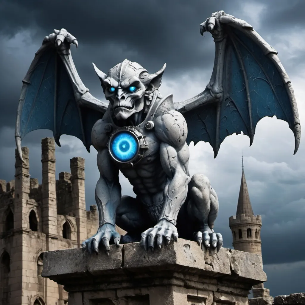 Prompt: A detailed image of an artifact creature called the Millennial Gargoyle. This creature is a large, imposing gargoyle made of aged, cracked stone, with mechanical elements integrated into its design. Its wings are made of metal, with gears and cogs visible in the joints, suggesting a fusion of ancient magic and advanced technology. The gargoyle's eyes glow with an eerie, blue light, and its body is covered in intricate engravings and runes that pulse with energy. The background is a dark, stormy sky over a ruined castle, adding to the creature's menacing presence.