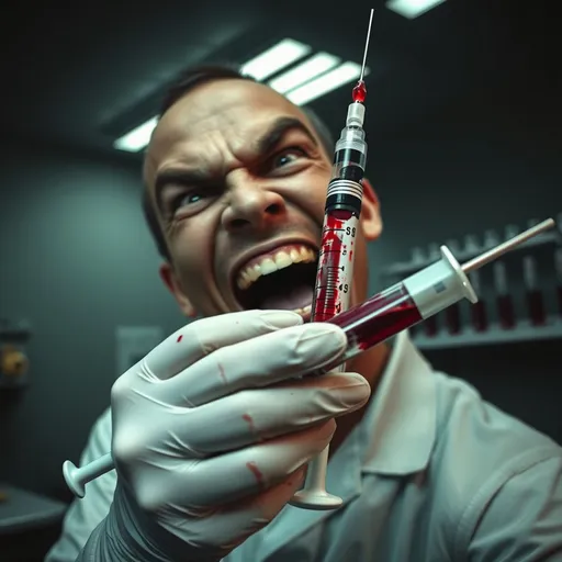 Prompt: "A phlebotomist maniacally laughing with a syringe"
A close-up of a deranged phlebotomist laughing maniacally while holding a large syringe filled with blood. Their face is contorted in madness, eyes wide and unblinking. Bloodstains spatter their gloves, and the room behind them is a dim medical office, with flickering fluorescent lights and blood-filled tubes hanging from a stand.