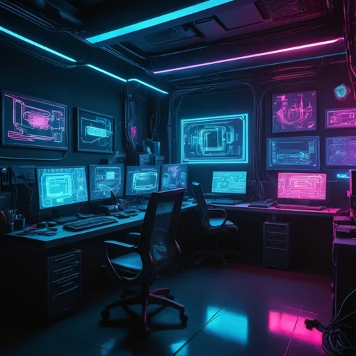 Prompt:  cyberpunk style, net runner in tech office shop, highly detailed, HD, dark background