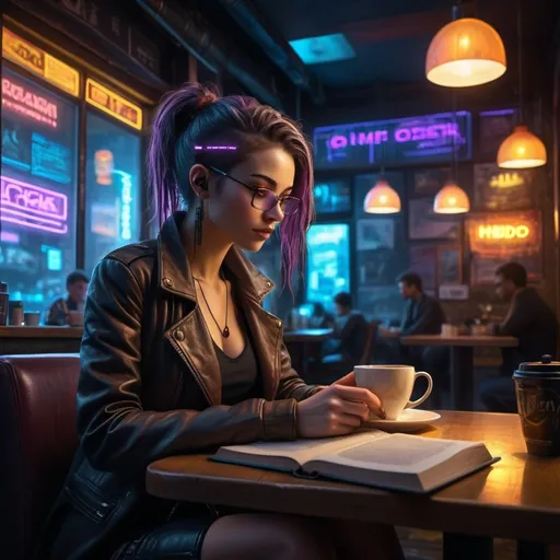 Prompt: cyberpunk style woman in coffee shop, (reading a book), subdued neon colors, intricate details, amidst a shadowy atmosphere, futuristic urban elements in background, (highly detailed), warm glowing coffee ambiance, cozy yet mysterious vibe, (hyper-realistic), (HD), enchanting spatial depth, technology-infused environment