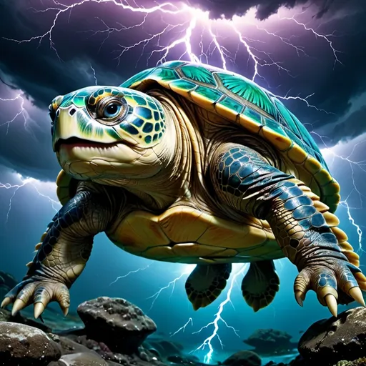 Prompt: (cinematic creature design), (turtle hydra), thunderous snapper, multiple heads, powerful jaws, vibrant scales, electric blue and deep green hues, set against a stormy sky, dramatic lightning strikes illuminating the creature, showcasing detailed textures and features, aquatic environment, high energy, ultra-detailed, dynamic pose, fierce expression, captivating and intense atmosphere, immersive depth.