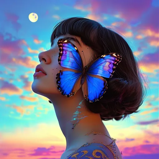 Prompt: a woman with a butterfly on her face and a moon in the background with a blue sky and a purple butterfly on her face, Cyril Rolando, psychedelic art, surreal photography, digital art