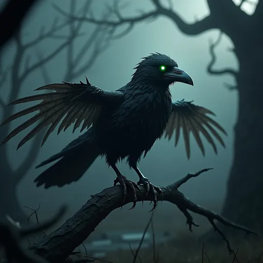 Prompt: A hyper-realistic 3D digital art of an undead crow. The crow is perched on a twisted, dark branch with decaying feathers, glowing eerie green eyes, and exposed bone structure. Its wings have a tattered, skeletal appearance with shadows and fog swirling around it. The environment is a gloomy, mist-covered graveyard at night with twisted trees in the background, creating a haunting and eerie atmosphere. The lighting highlights the undead nature of the crow, with an overall dark and ominous feel.