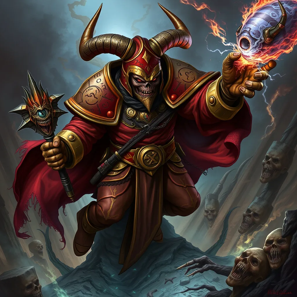 Prompt: A twisted Chaos Sorcerer of the Thousand Sons, enveloped in crimson and gold armor inscribed with ancient runes. His helmet is topped with curved horns, and his eyes glow with arcane energy. In one hand, he clutches a staff crowned with a writhing, demonic eye, while the other hand crackles with warp energy. He floats above a desolate, corrupted landscape, surrounded by swirling tendrils of chaos and the tortured faces of souls he has consumed."