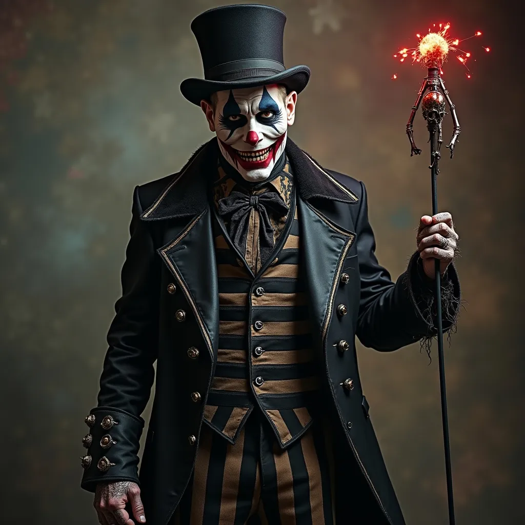 Prompt: Nightmare Circus Ringleader: Create a gothic version of a circus ringleader, blending showmanship with dark, creepy vibes. Think top hats, exaggerated lapels, striped pants, but with tattered edges, dark makeup, and unsettling details like skulls and spider webs.