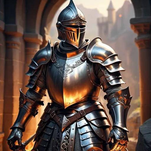 Prompt: (hyper-realistic) Knight character, tribute to Hail to the King, majestic fantasy armor, intricate detailing, vivid expression, fantasy weapon in hand, surrounded by atmospheric glowing warm tones, rich color depth, dynamic fantasy landscape background, ultra-detailed, captivating illustration, DnD style art.