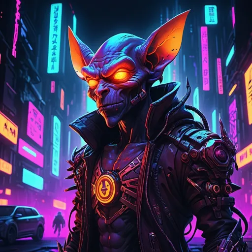 Prompt: Anime cyberpunk style (hobgoblin), ultra-detailed, vibrant neon colors, intricate designs, futuristic elements, high contrast, moody ambiance, dark background with softly glowing lights, striking urban landscape, mysterious atmosphere, emphasizes depth and realism, 4K resolution, captivating expression, blending nature with technology.