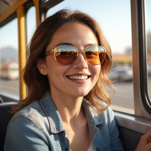 Prompt: photorealistic, a (happy) man/woman, wearing (stylish sunglasses), seated by the window in a bus, (smiling brightly), sunlit scene, vivid reflections on the glass, cheerful atmosphere, warm colors adding to the joy, capturing a moment of tranquility, with details of a gently moving bus interior, (4K), ultra-detailed.