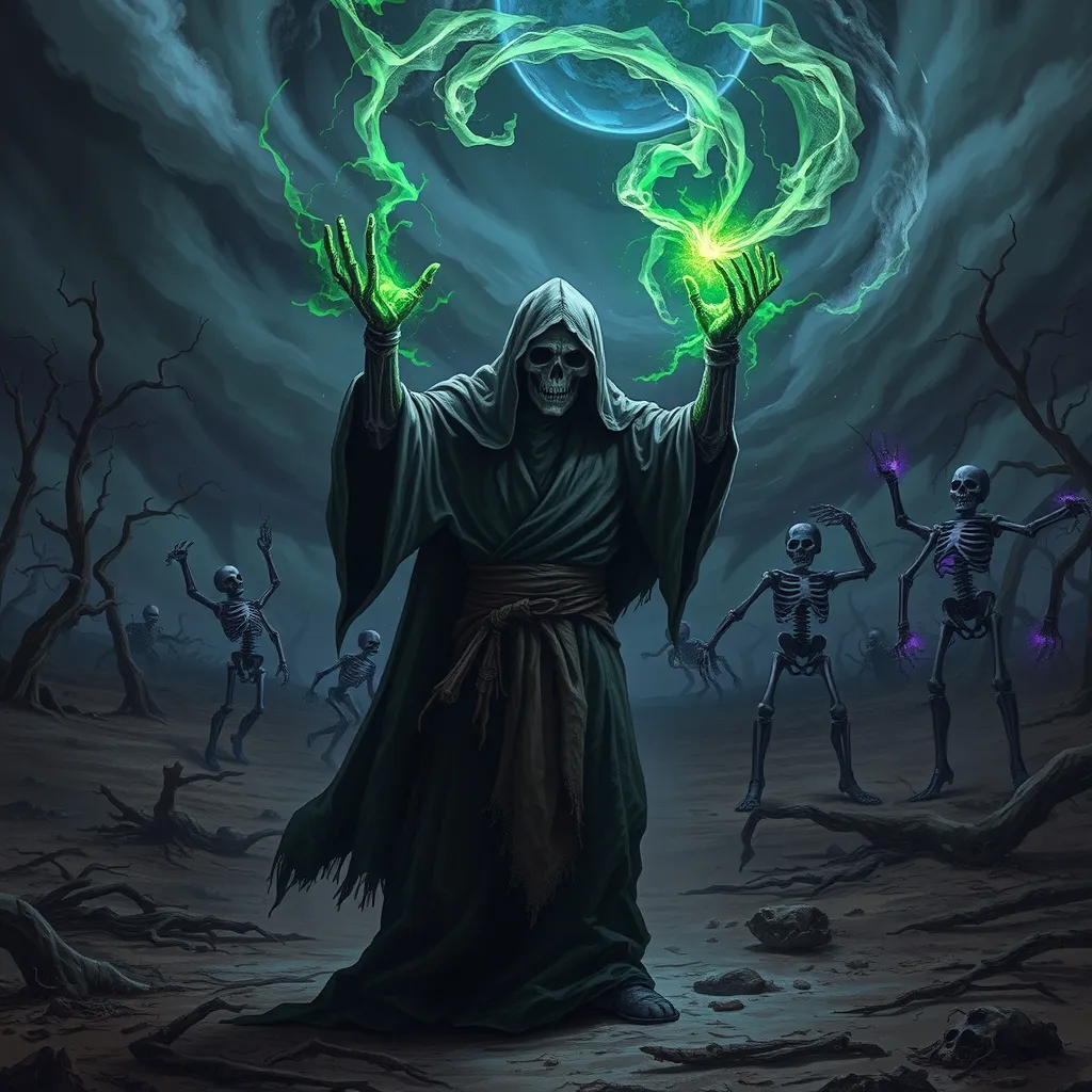 Prompt: A dark and eerie scene where a necromancer is casting a powerful sorcery spell called 'Living Death.' The necromancer, cloaked in tattered robes, stands in the middle of a barren, desolate landscape. He raises his skeletal hands towards the sky, summoning dark magic that swirls around him. The spell is visually represented by glowing green and purple energy, crackling with dark power, as skeletons and undead creatures begin to rise from the ground. The background shows a twisted, decayed environment with dead trees and ominous clouds swirling in the sky, creating an atmosphere of dread and dark magic.