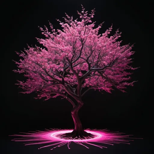 Prompt: (pink tree light painting), black backdrop, (minimalistic design), elegant line art, horror-inspired baby plants, dark ambiance, ethereal glow, intricate details of flora, high contrast, dramatic lighting, ultra-detailed, sleek composition, captivating visual elements, enchanting yet eerie mood.