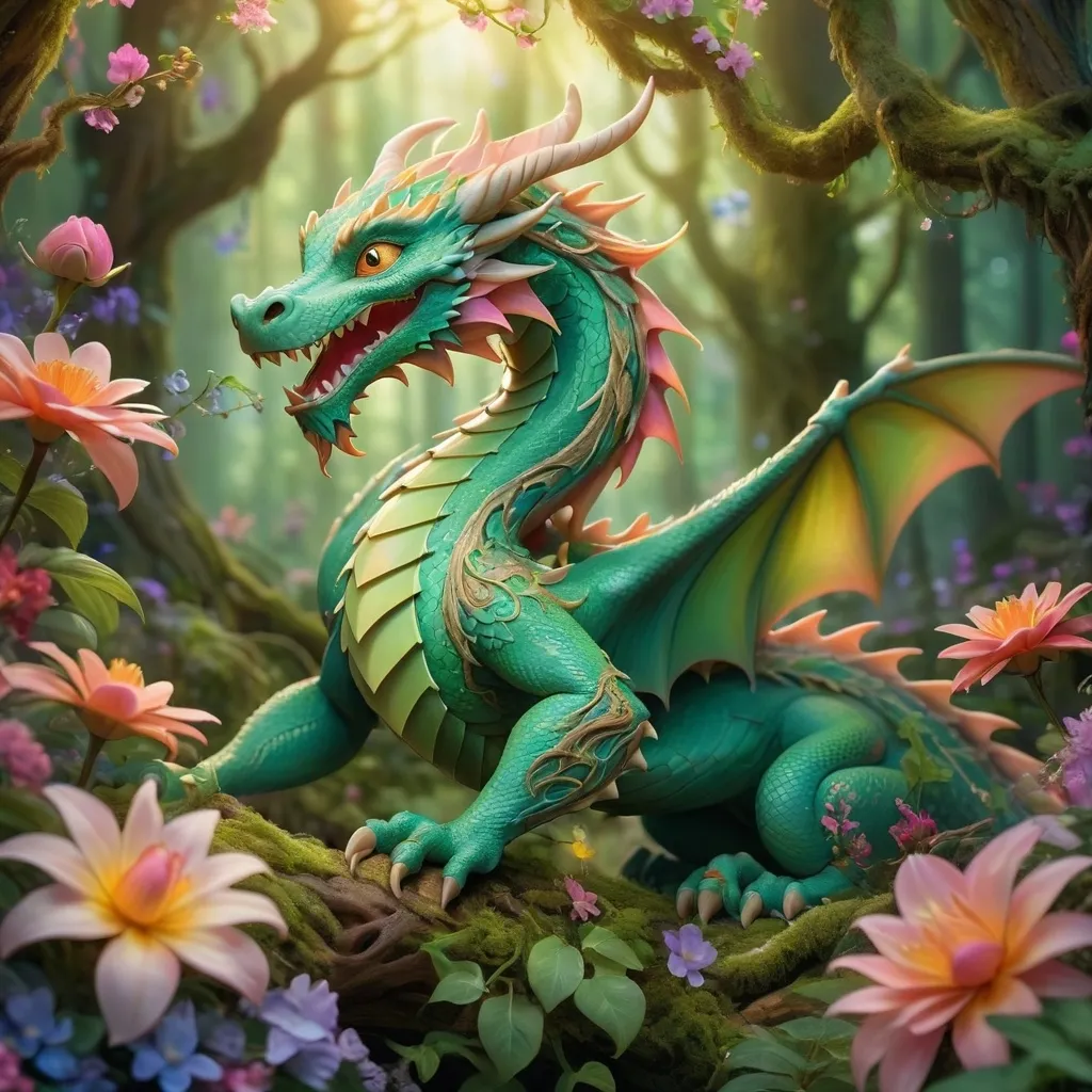 Prompt: Dragon intertwining with flowers in a mystical forest around sunlight