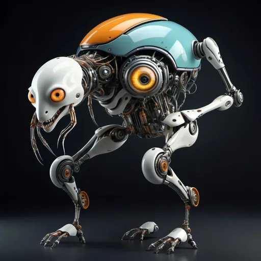 Prompt: A Whimsical creature with playful features, blending human and Cyborg forms in a disturbing, surreal way. Its body has _mechanical limbs or robotic elements, with limbs resembling mecha or mechanical legs, and a face that merges unsettlingly with  abnormal growths. The creature appears both 3d and hyper realistic alive, evoking an unsettling blend of color and life.