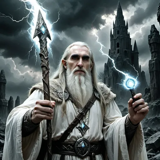 Prompt: (Saruman the White Hand), legendary wizard, powerful staff in hand, commanding a horde of orcs, mystical aura surrounding him, ancient ruins in the background, dark stormy skies, intense atmosphere of magic and might, (cinematic lighting), high contrast, ultra-detailed, 4K resolution, dynamic composition emphasizing power and command over dark forces.