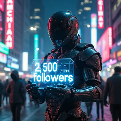 Prompt: A cyberpunk warrior with a hyper-realistic, new-age, ultra-detailed appearance stands in a futuristic cityscape at night, illuminated by neon lights. The warrior is wearing advanced armor with metallic details, glowing LED accents, and a transparent helmet displaying digital stats. They hold a holographic display that reads 'Thank you, 2,500 followers!' in a sleek, futuristic font. The background showcases a bustling high-tech urban environment with towering skyscrapers and neon signage, enhancing the cyberpunk aesthetic. 4K resolution, highly detailed textures and reflections for a cinematic effect.