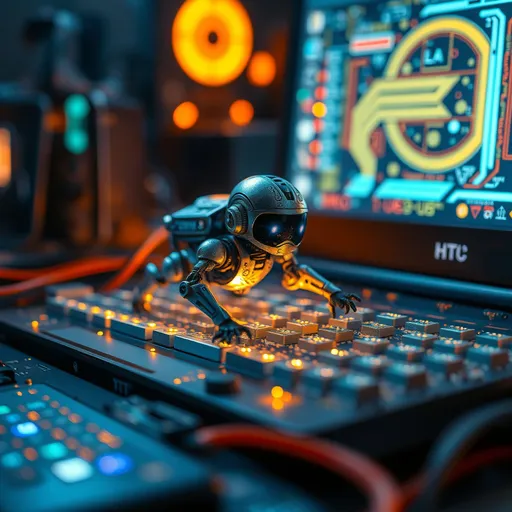 Prompt: (miniature tiny robot) crawling out of a computer, (futuristic design), ultra-detailed, metallic textures, shimmering circuits, vibrant glow from the computer screen, cozy ambient lighting, captivating atmosphere, high-tech environment, intricate surroundings, (HD) resolution, showcasing the contrast between technology and robotics, a sense of adventure and curiosity.