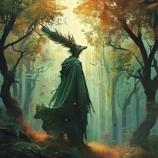 Prompt: Return of the Wildspeaker, (fantastical landscape), vibrant colors, lush greenery, mystical creatures, dramatic skies, enchanting atmosphere, (epic fantasy theme), detailed foliage, a majestic spirit animal in the foreground, shimmering light filtering through trees, (4K resolution), conveying a sense of adventure and reconnecting with nature.