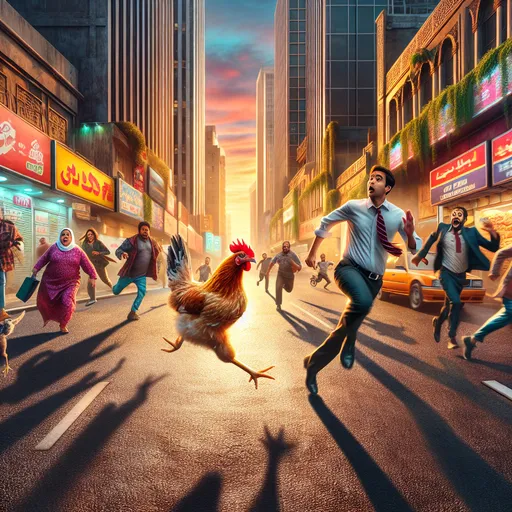 Prompt: The chicken running across the road, Colonel Sanders chasing the chicken, (dramatic) scene, vibrant colors, amusing and chaotic atmosphere, city street background, motion blur to depict movement, evening lighting with long shadows, bystanders watching in shock and amusement, tall buildings with lighted windows in the background, ultra-detailed, 4K.