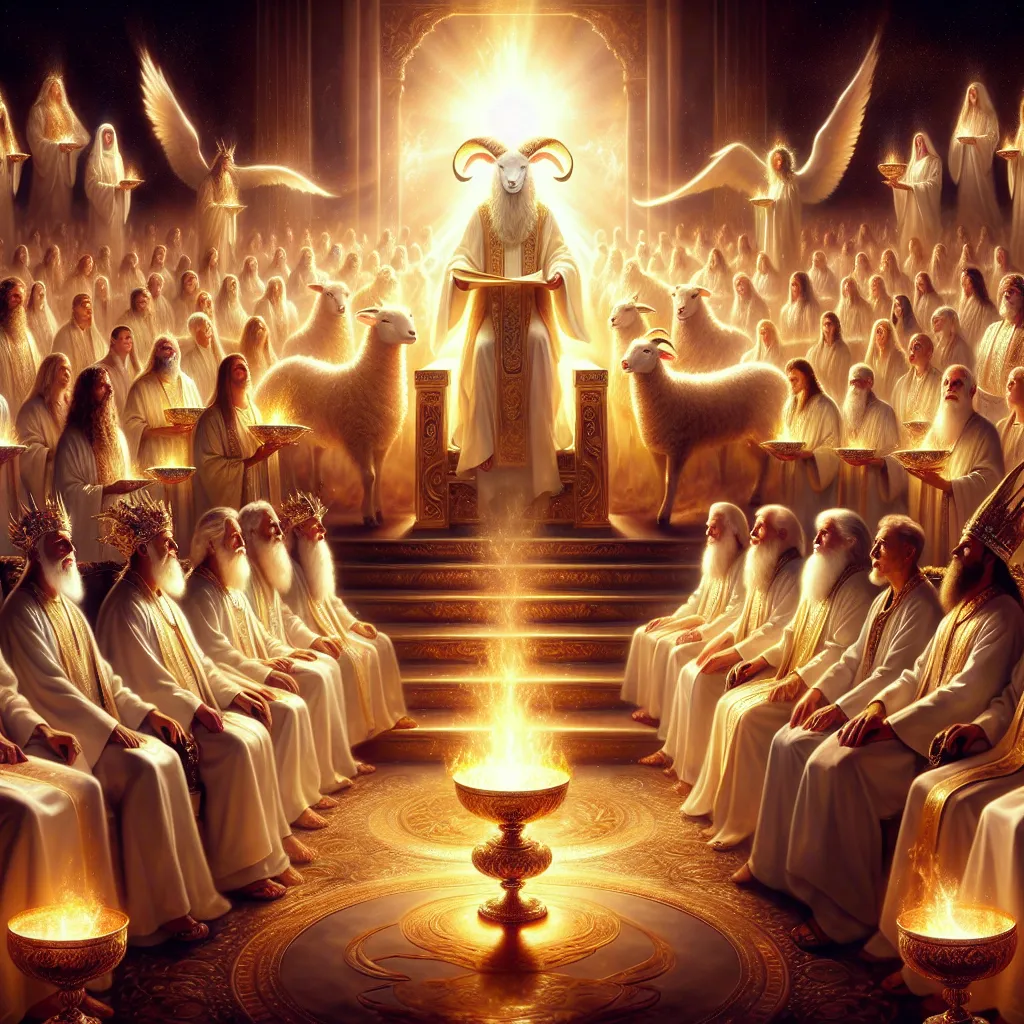 Prompt: A vivid depiction of Revelation chapter 5, where a majestic, glowing lamb with seven horns and seven eyes stands before a heavenly throne. The lamb, symbolic of Christ, is in the process of taking a scroll sealed with seven seals from the right hand of the One seated on the throne. Surrounding the throne are 24 elders, clothed in white robes, bowing in worship. Golden bowls filled with incense are in their hands. Around the scene, countless angels, in awe and reverence, are visible in the background. The atmosphere is filled with light, symbolizing holiness and divine power.