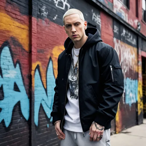 Prompt: (Marshall Mathers, Eminem) realistic pose, photorealistic, contemporary urban setting, vibrant colors, intense look, dynamic composition, urban street backdrop, graffiti art, cool tone, high contrast lighting, confident expression, ultra-detailed, 4K, HD, expressive eyes, casual yet stylish attire, mature facial features, lifelike texture, award-winning, iconic rapper persona, dramatic highlighting, atmospheric depth.