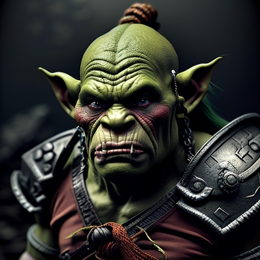 Prompt: (half-orc half-goblin warlord), fierce expression, muscular build, intricately detailed armor, tribal markings, dual-wielding weapons, dramatic stance, battle-worn, detailed facial features, grim atmosphere, colorful highlights, dark and muted background, emphasizing the harsh terrain of a battlefield, high contrast lighting, (ultra-detailed), fantasy art style, showcasing raw power and dominance.