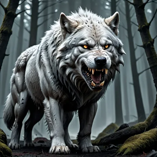 Prompt: (fierce) Dire wolf, dramatic pose, intense gaze, majestic fur details, sharp teeth revealed, dark moody atmosphere, piercing eyes, surrounded by a misty forest background, haunting shadows, (ultra-detailed), cool tones, powerful and menacing vibe, evoking a sense of strength and wildness, cinematic depth, captivating creature depiction.