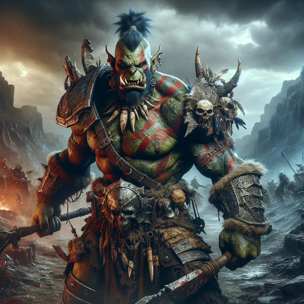 Prompt: (half-orc half-goblin warlord), fierce expression, muscular build, intricately detailed armor, tribal markings, dual-wielding weapons, dramatic stance, battle-worn, detailed facial features, grim atmosphere, colorful highlights, dark and muted background, emphasizing the harsh terrain of a battlefield, high contrast lighting, (ultra-detailed), fantasy art style, showcasing raw power and dominance.