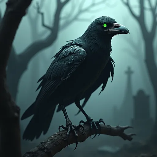 Prompt: A hyper-realistic 3D digital art of an undead crow. The crow is perched on a twisted, dark branch with decaying feathers, glowing eerie green eyes, and exposed bone structure. Its wings have a tattered, skeletal appearance with shadows and fog swirling around it. The environment is a gloomy, mist-covered graveyard at night with twisted trees in the background, creating a haunting and eerie atmosphere. The lighting highlights the undead nature of the crow, with an overall dark and ominous feel.