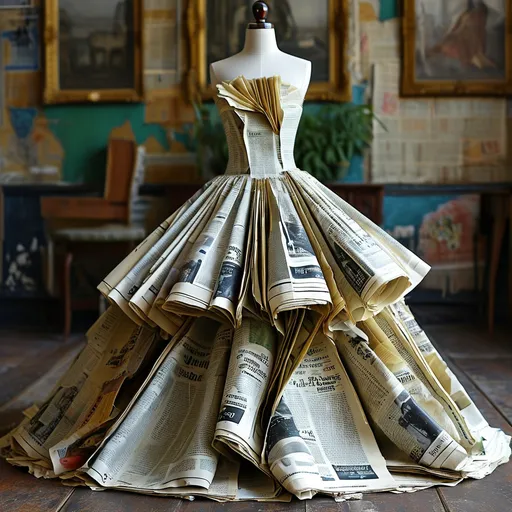 Prompt: Avant-Garde Newspaper Gown, A high-fashion, floor-length gown made entirely of recycled newspaper sheets. The dress features dramatic, layered ruffles and pleats, with headlines and text creating intricate patterns across the fabric. The design is a statement on sustainability and media culture.