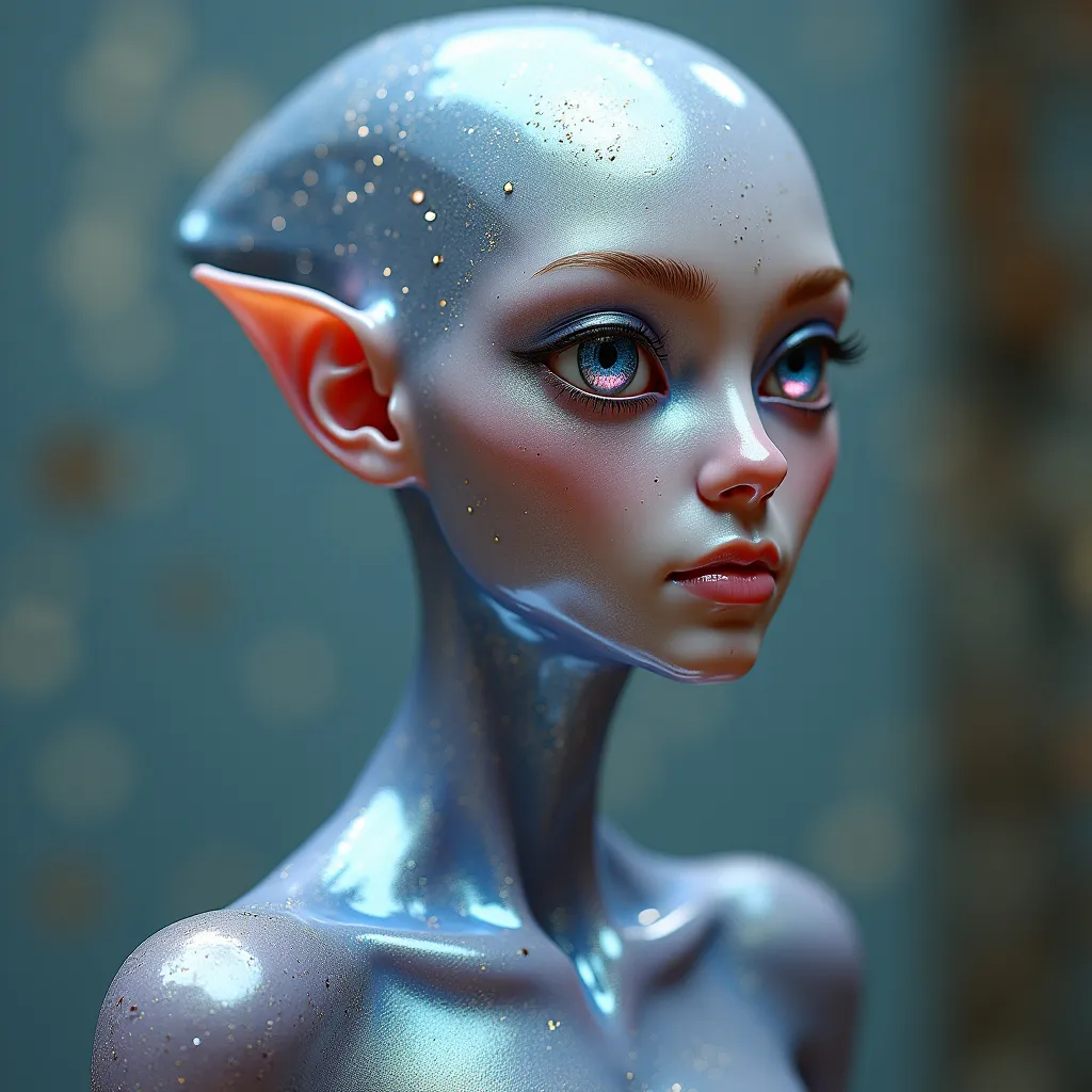 Prompt: an ethereal humanoid figure standing tall, about 6'2", with a sleek, streamlined body. the skin is soft, metallic, and iridescent, shifting subtly between shades of silver, blue, purple, and gold, with a smooth, velvety texture. the face has serene, human-like features with deep, glowing eyes that change color from cool blues and purples to soft golds and greens, with intricate


