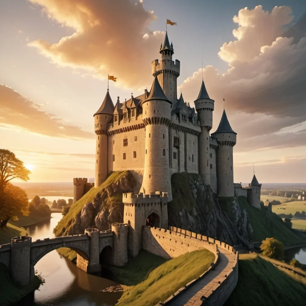 Prompt: Majestic Castle: A grand, medieval castle perched on a hill, with tall towers, a drawbridge over a wide moat, and banners flapping in the wind. The sky is clear with a golden sunset, and a group of knights is seen entering the castle gates.