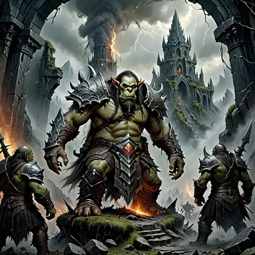 Prompt: (isengard concept), (treason), amassing orcs, orc herd, ancient ruins in a dark forest, ominous atmosphere, swirling dark magic, foreboding cloud cover, intricate details on orc armor, high-quality UHD, vibrant yet muted color palette, rich greens and browns contrasted with dark shadowy hues, eerily lit by bursts of ethereal light, dramatic tension in the composition.