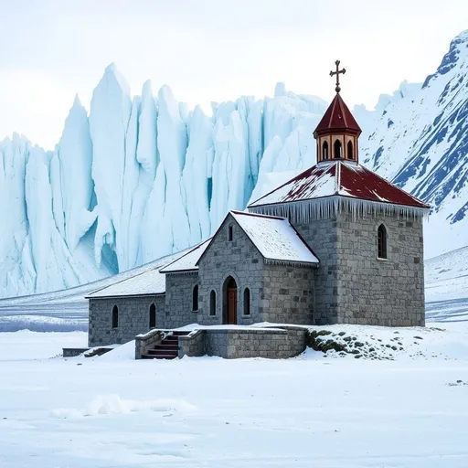 Prompt: Frozen Monastery in the Tundra: A remote monastery standing alone in a frozen tundra, with towering ice formations and snow-covered mountains in the background. The stone walls are cracked from the freezing temperatures, and icicles hang from the roofs. Despite the harsh conditions, the monastery radiates a quiet sense of peace and isolation.