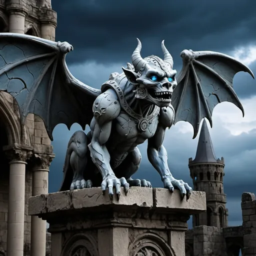 Prompt: A detailed image of an artifact creature called the Millennial Gargoyle. This creature is a large, imposing gargoyle made of aged, cracked stone, with mechanical elements integrated into its design. Its wings are made of metal, with gears and cogs visible in the joints, suggesting a fusion of ancient magic and advanced technology. The gargoyle's eyes glow with an eerie, blue light, and its body is covered in intricate engravings and runes that pulse with energy. The background is a dark, stormy sky over a ruined castle, adding to the creature's menacing presence.